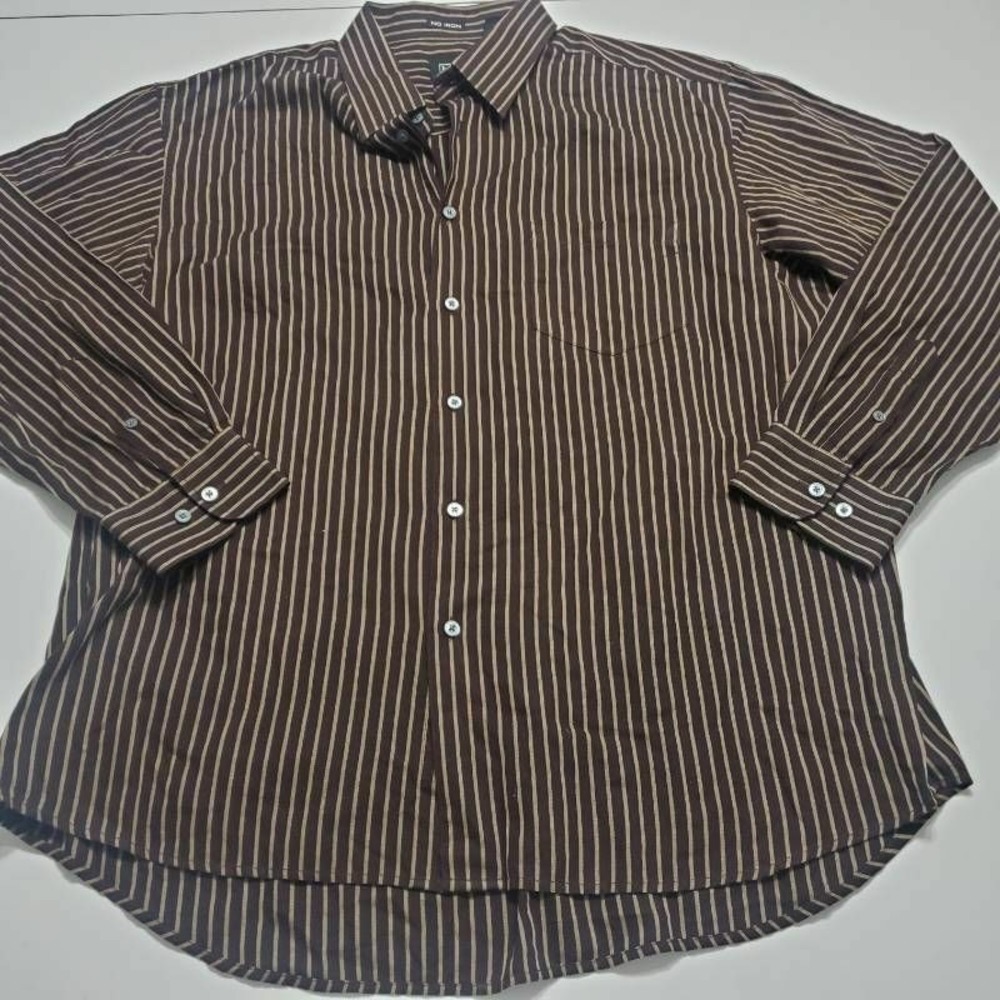Haggar Mens Button Front Shirt Brown Stripe Long Sleeve Point Collar XL 17-17.5